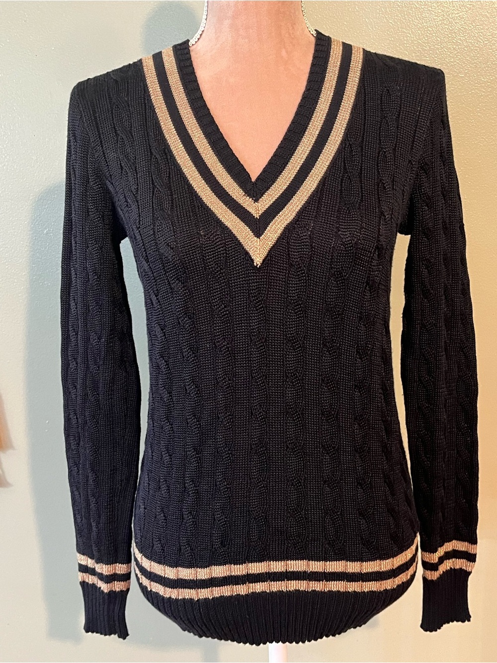 Ralph Lauren Cable V‑Neck Sweater with Contrast Stripes S